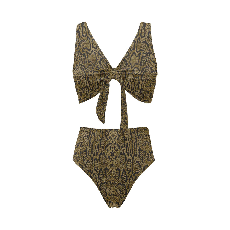 Snake skin pattern Chest Bowknot High Waisted Bikini Swimsuit