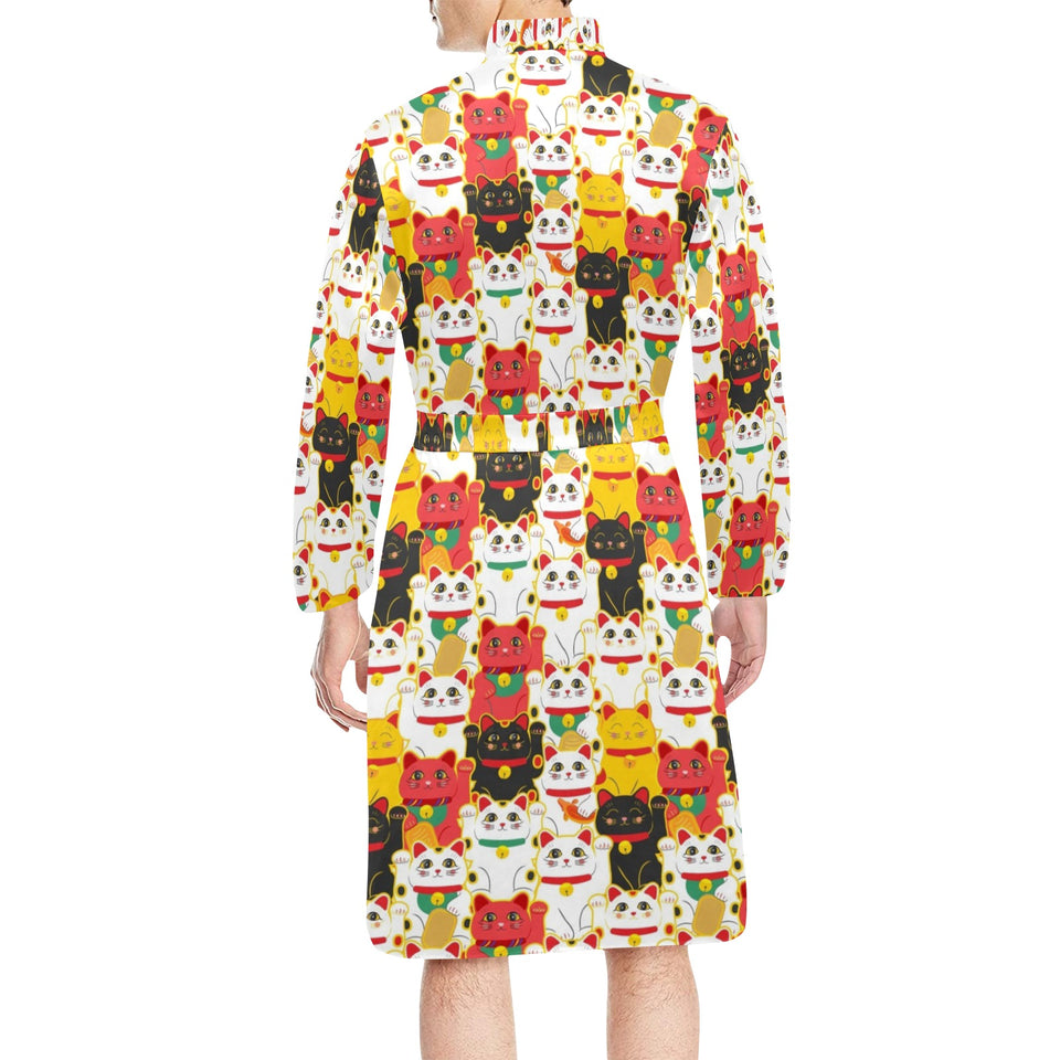 Colorful Maneki neko cat pattern Men's Long Sleeve Belted Night Robe