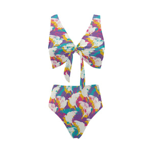Colorful crow illustration pattern Chest Bowknot High Waisted Bikini Swimsuit