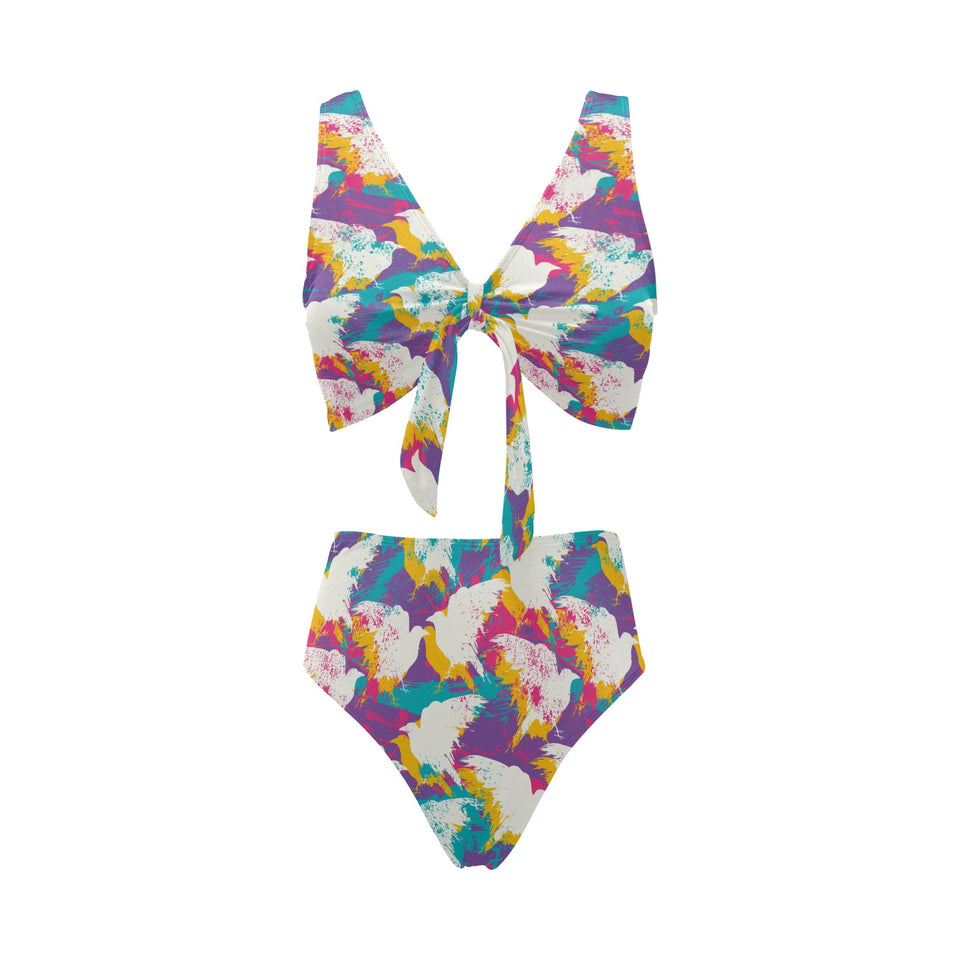 Colorful crow illustration pattern Chest Bowknot High Waisted Bikini Swimsuit