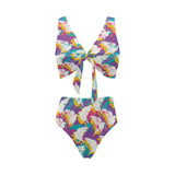 Colorful crow illustration pattern Chest Bowknot High Waisted Bikini Swimsuit
