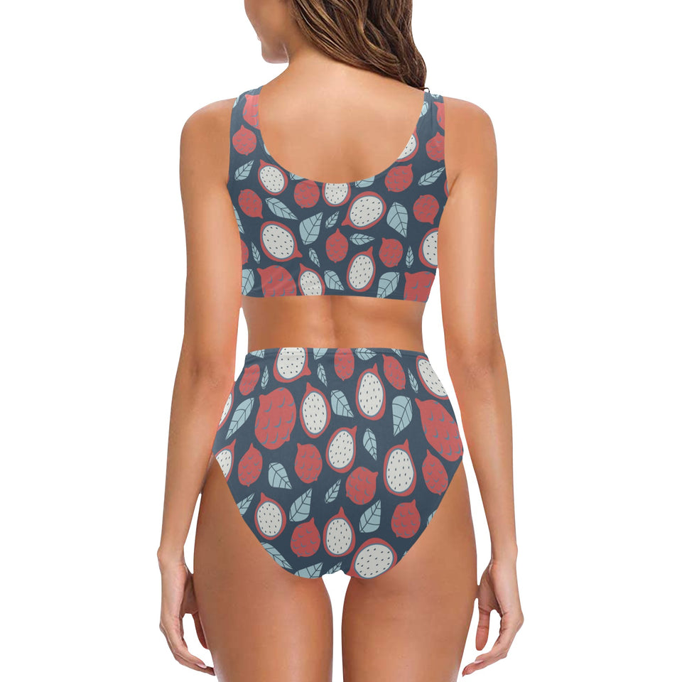 dragon fruits dark blue background Chest Bowknot High Waisted Bikini Swimsuit