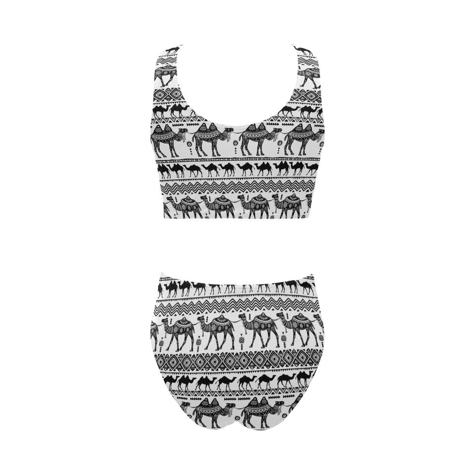 Camel polynesian tribal pattern Chest Bowknot High Waisted Bikini Swimsuit