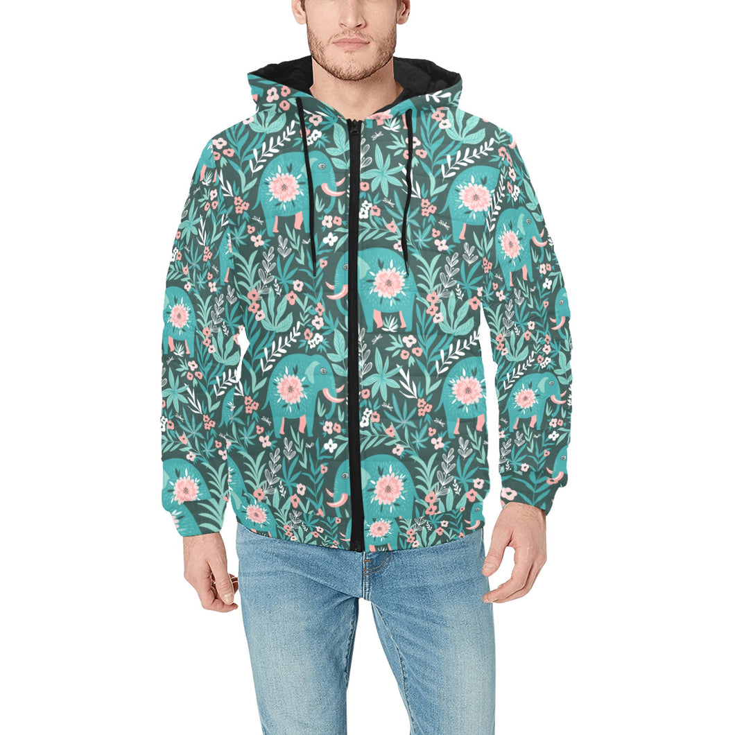 Elephants jungle pattern Men's Padded Hooded Jacket