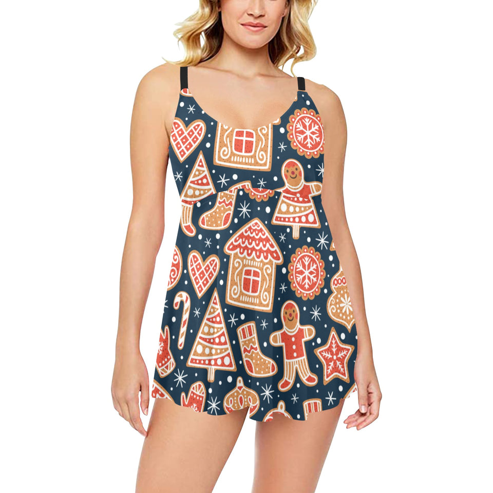Christmas gingerbread cookie pattern Chest Sexy Pleated Two Piece Swim Dress