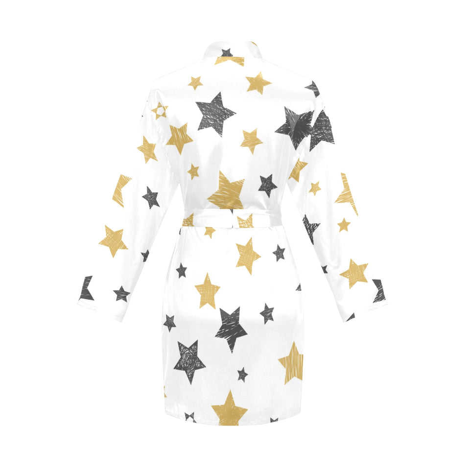 hand drawn gold black star pattern Women's Long Sleeve Belted Night Robe
