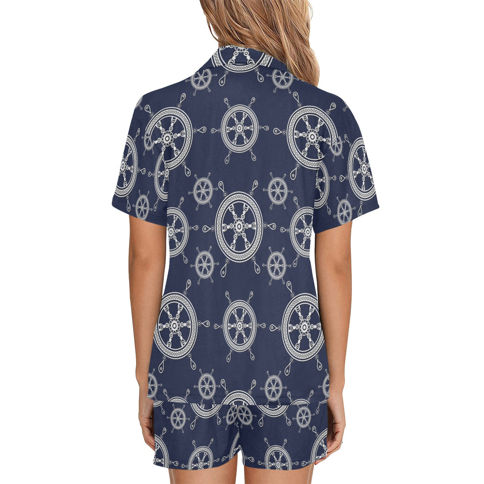 nautical steering wheel design pattern Women's V-Neck Short Pajama Set