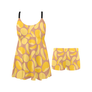 Potato Chips Pattern Print Design 01 Chest Sexy Pleated Two Piece Swim Dress