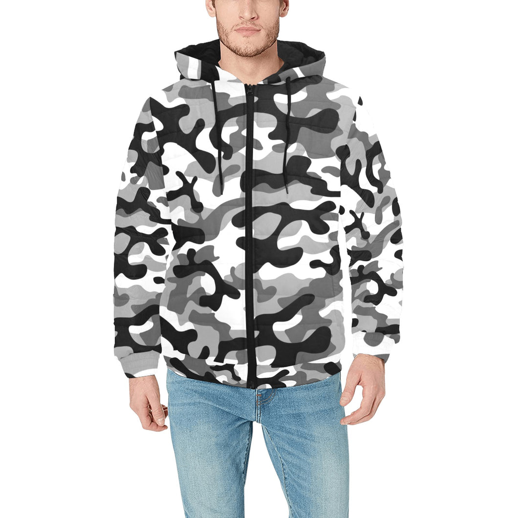 Black white camouflage pattern Men's Padded Hooded Jacket