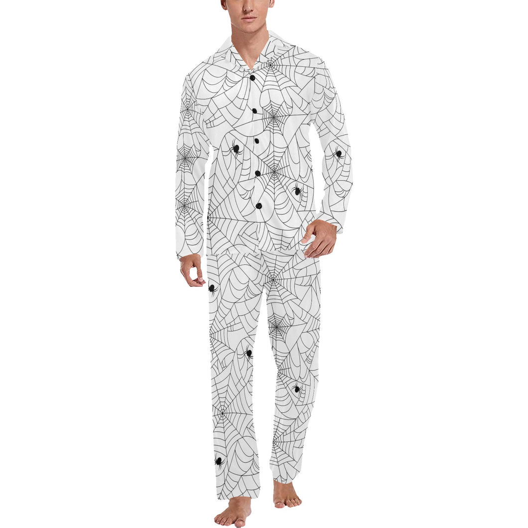 Spider web cobweb pattern white background Men's Long Pajama Set