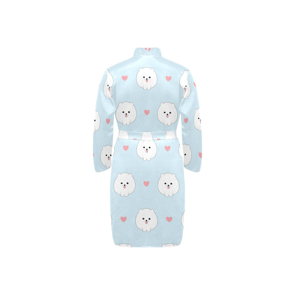 White cute pomeranian pattern Men's Long Sleeve Belted Night Robe