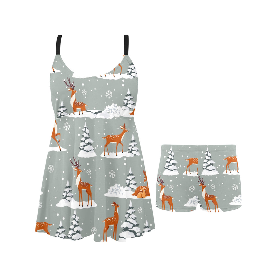Beautiful deers Winter Christmas Chest Sexy Pleated Two Piece Swim Dress