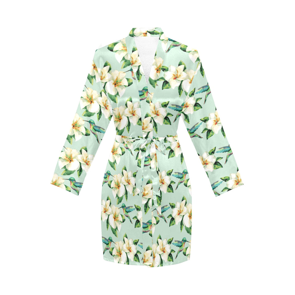 Hummingbird Pattern Print Design 01 Women's Long Sleeve Belted Night Robe