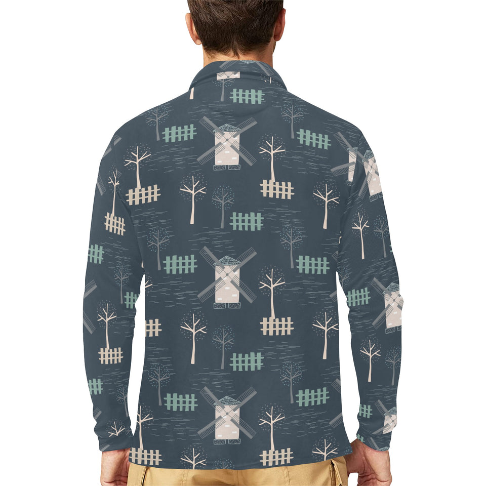 windmill tree pattern Men's Long Sleeve Polo Shirt