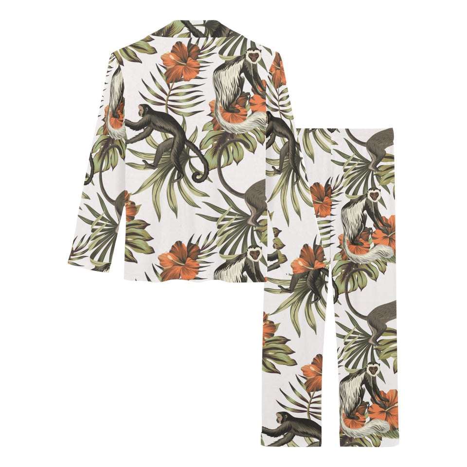 Monkey red hibiscus flower palm leaves floral patt Women's Long Pajama Set