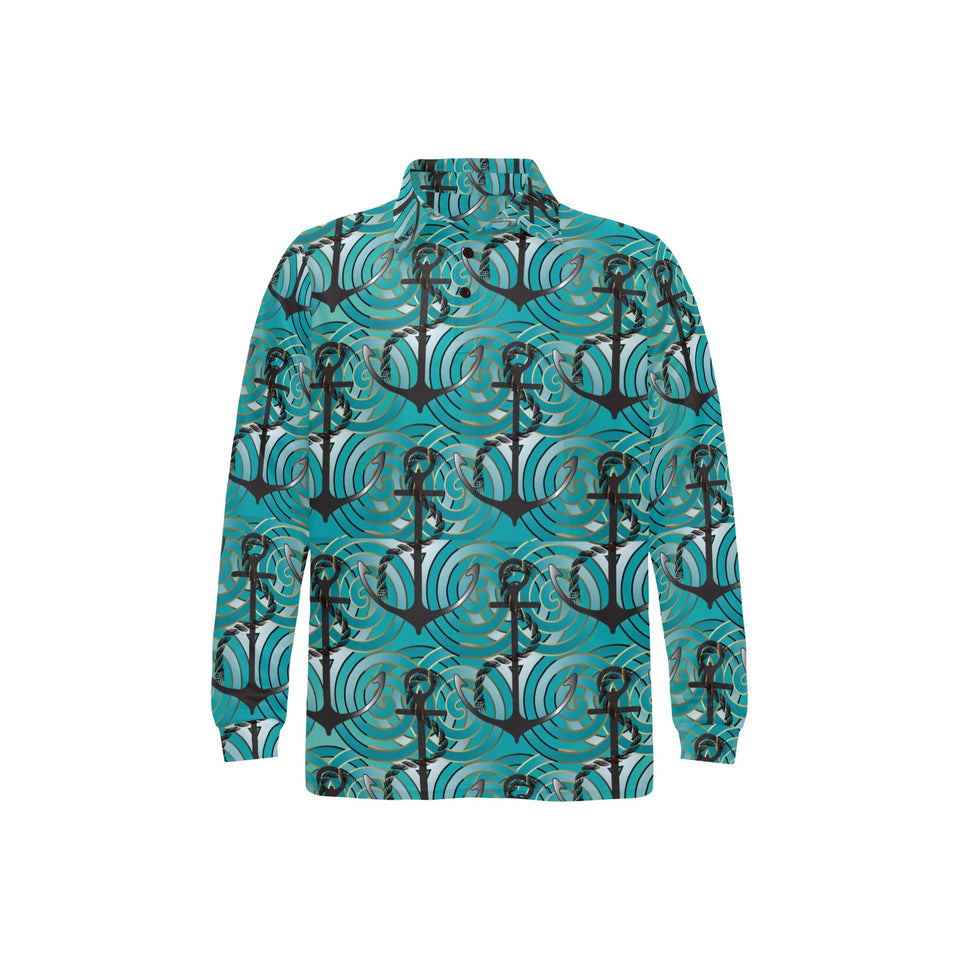 Anchor nautical green background Men's Long Sleeve Polo Shirt