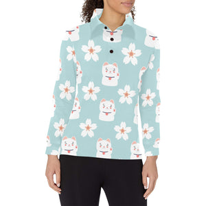 Maneki neko cat sakura Women's Long Sleeve Polo Shirt