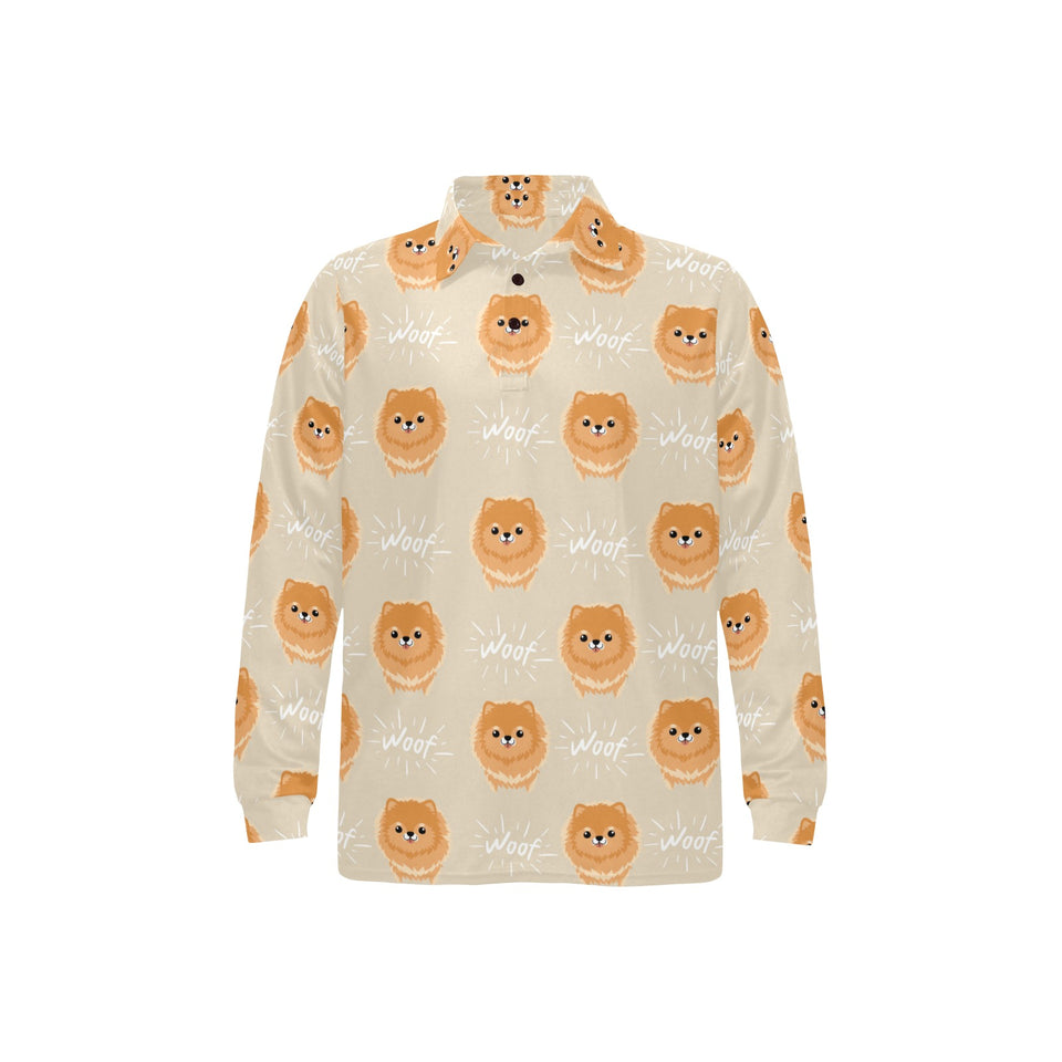 Cute brown pomeranian puppy on blue Men's Long Sleeve Polo Shirt