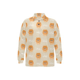 Cute brown pomeranian puppy on blue Men's Long Sleeve Polo Shirt