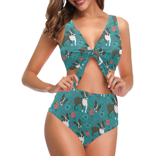 Boston terrier beautiful flower pattern Chest Bowknot High Waisted Bikini Swimsuit