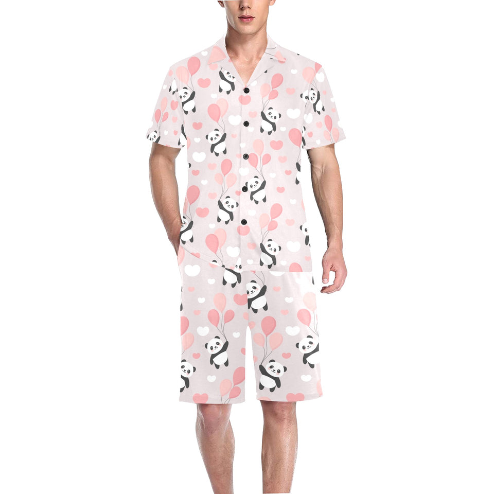 Cute panda ballon heart pattern Men's V-Neck Short Pajama Set