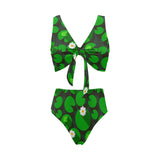 Frog waterlily pattern Chest Bowknot High Waisted Bikini Swimsuit