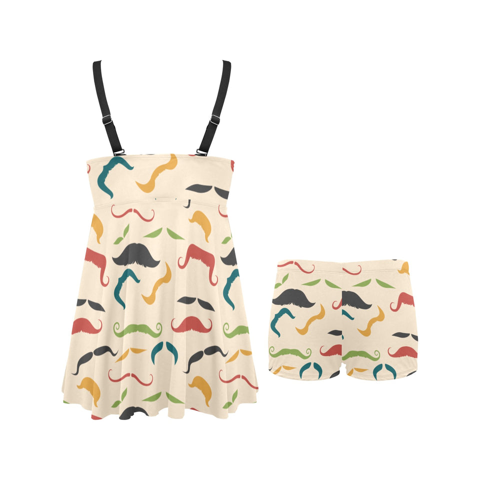 Mustache Beard Pattern Print Design 03 Chest Sexy Pleated Two Piece Swim Dress