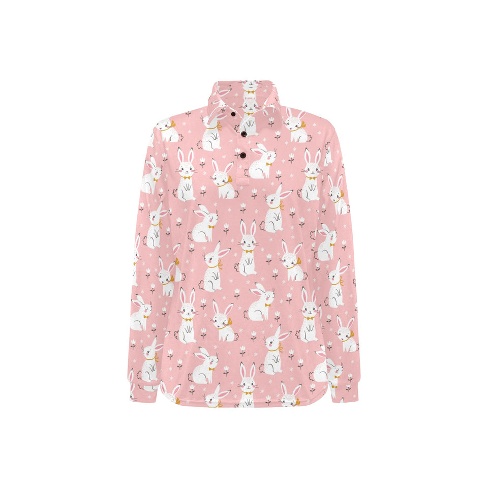 Cute white rabbit flower pink background Women's Long Sleeve Polo Shirt