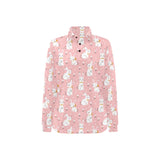 Cute white rabbit flower pink background Women's Long Sleeve Polo Shirt