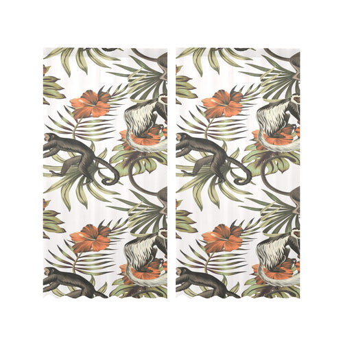 Monkey red hibiscus flower palm leaves floral patt Gauze Curtain