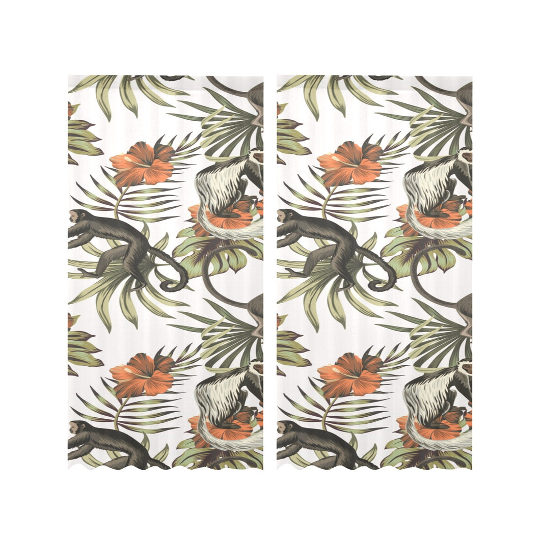Monkey red hibiscus flower palm leaves floral patt Gauze Curtain