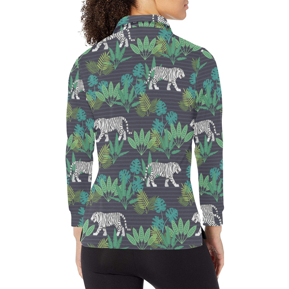 white bengal tigers tropical plant Women's Long Sleeve Polo Shirt