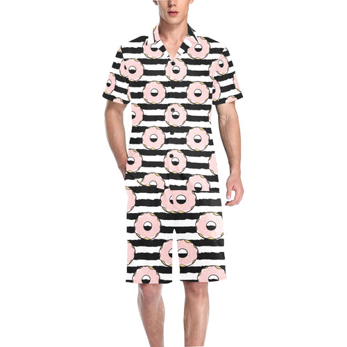 Donuts pink icing striped pattern Men's V-Neck Short Pajama Set