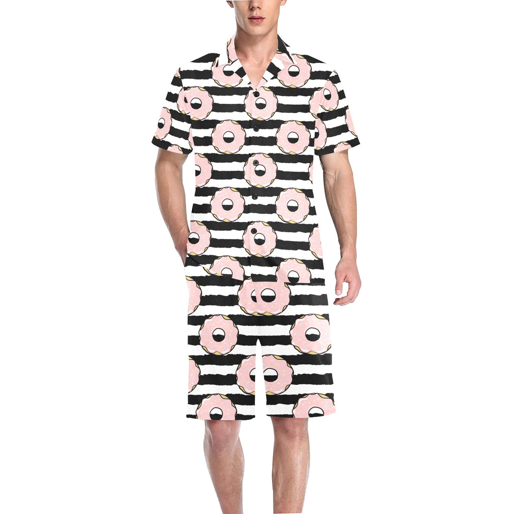 Donuts pink icing striped pattern Men's V-Neck Short Pajama Set