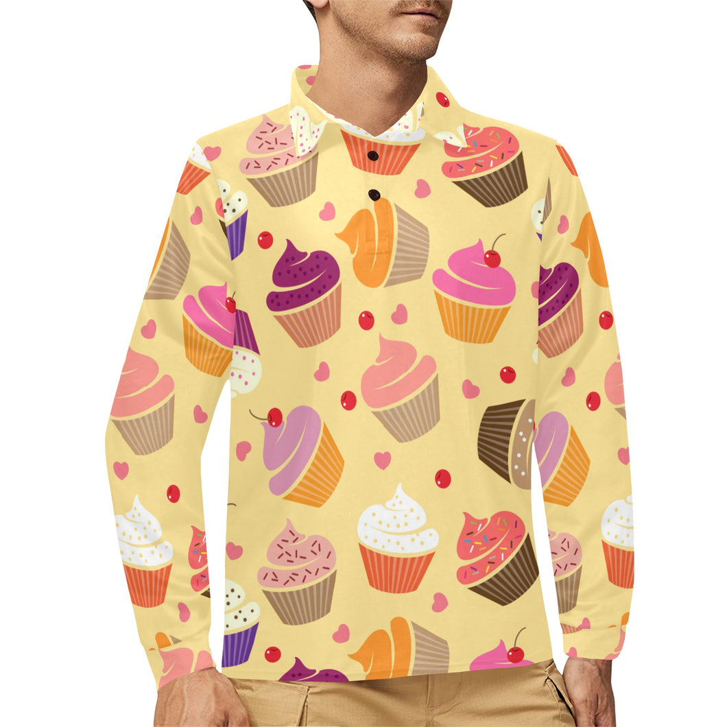 cake cupcake heart cherry pattern Men's Long Sleeve Polo Shirt