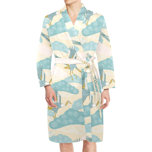 Bonsai bamboo stork japanese pattern cream theme Men's Long Sleeve Belted Night Robe