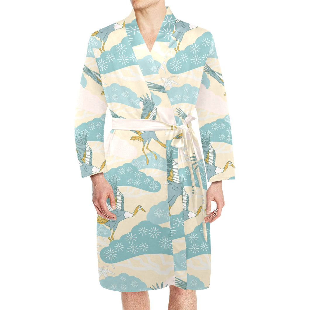 Bonsai bamboo stork japanese pattern cream theme Men's Long Sleeve Belted Night Robe