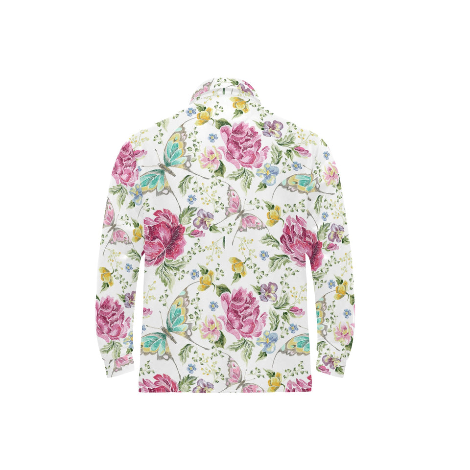 Hand drawn butterfly rose Men's Long Sleeve Polo Shirt