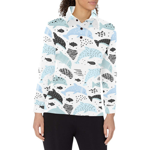 Cute dolphins Childish Style pattern Women's Long Sleeve Polo Shirt