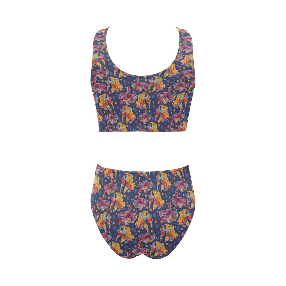 Goldfish Pattern Print Design 05 Chest Bowknot High Waisted Bikini Swimsuit