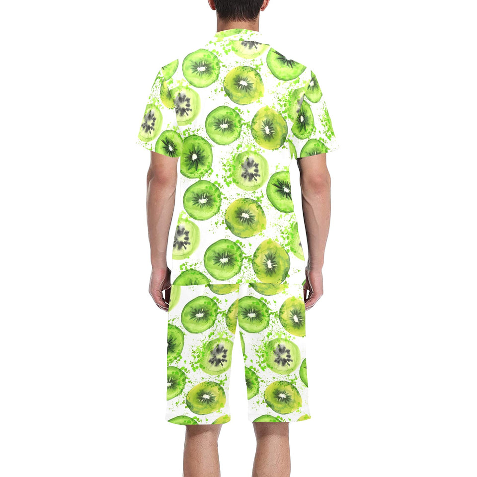 Watercolor kiwi pattern Men's V-Neck Short Pajama Set