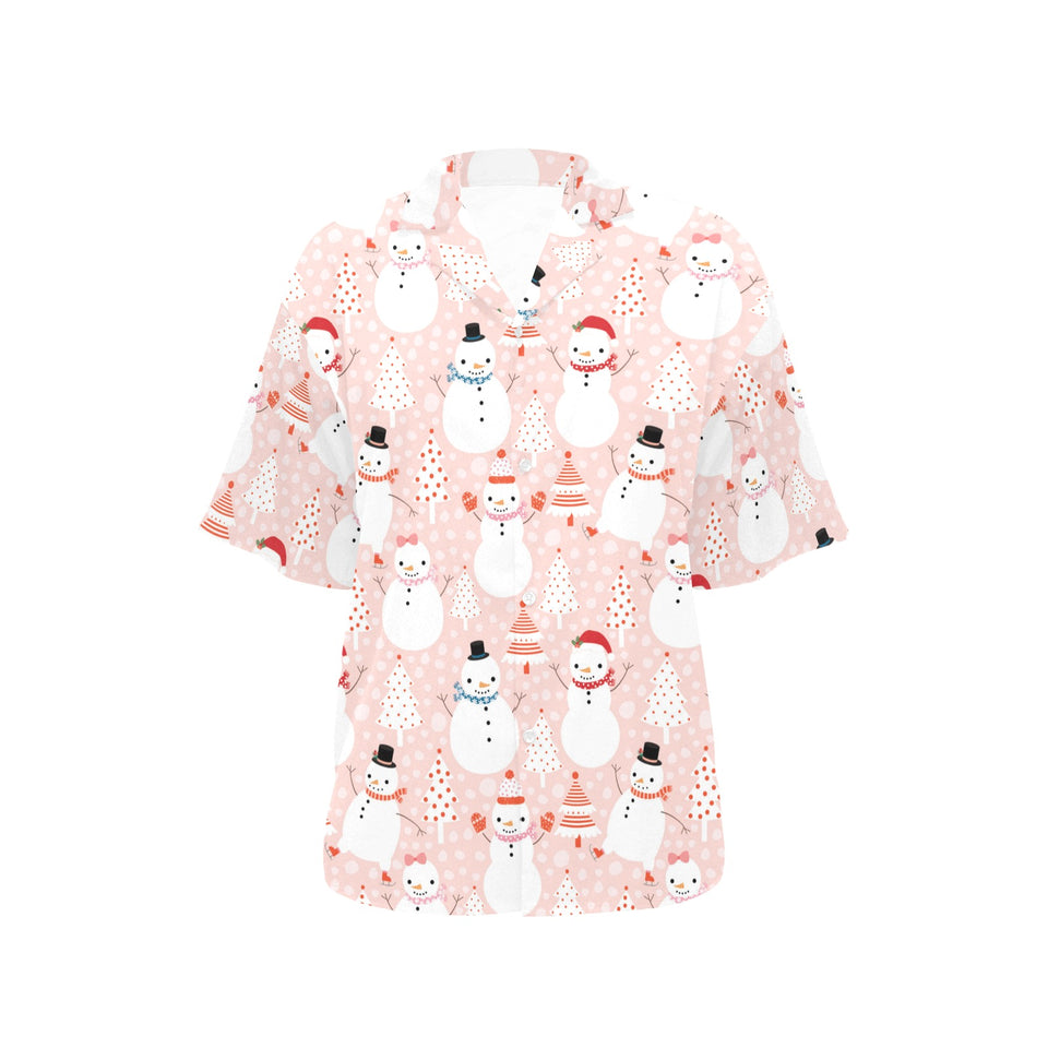Cute snowman christmas tree snowpink background Women's All Over Print Hawaiian Shirt