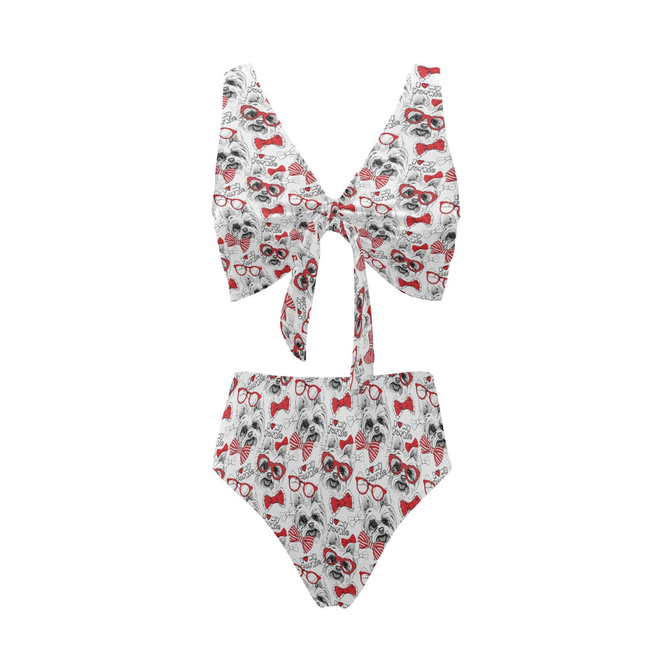 Yorkshire Terrier Pattern Print Design 04 Chest Bowknot High Waisted Bikini Swimsuit