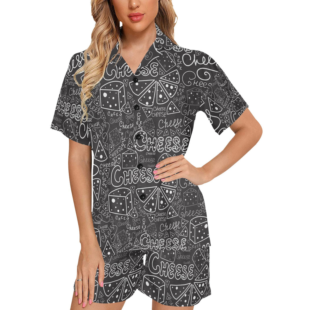 Handwritten cheese pattern Women's V-Neck Short Pajama Set