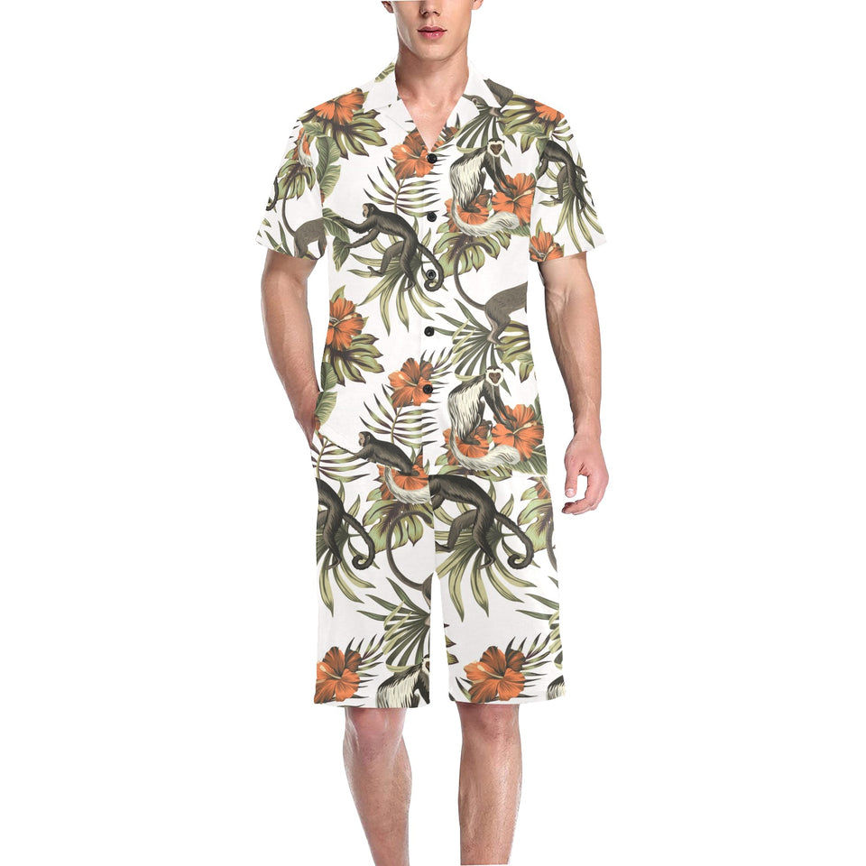 Monkey red hibiscus flower palm leaves floral patt Men's V-Neck Short Pajama Set