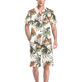 Monkey red hibiscus flower palm leaves floral patt Men's V-Neck Short Pajama Set