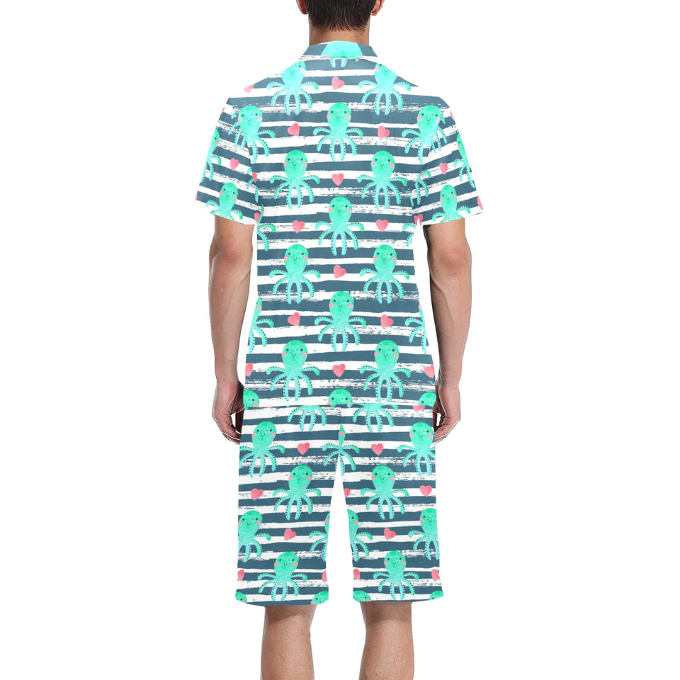 Cute octopuses heart striped background Men's V-Neck Short Pajama Set