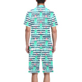 Cute octopuses heart striped background Men's V-Neck Short Pajama Set
