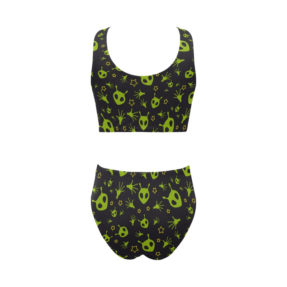 Alien Pattern Print Design 02 Chest Bowknot High Waisted Bikini Swimsuit