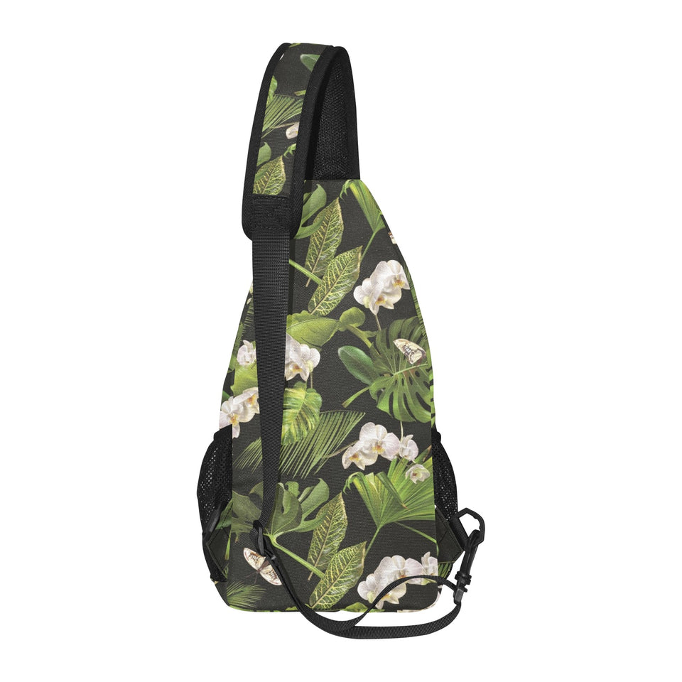 White orchid flower tropical leaves pattern blackg All Over Print Chest Bag